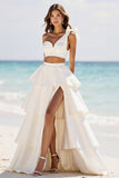 A Line White 2 Piece Satin Tiered Long Formal Dress with Slit